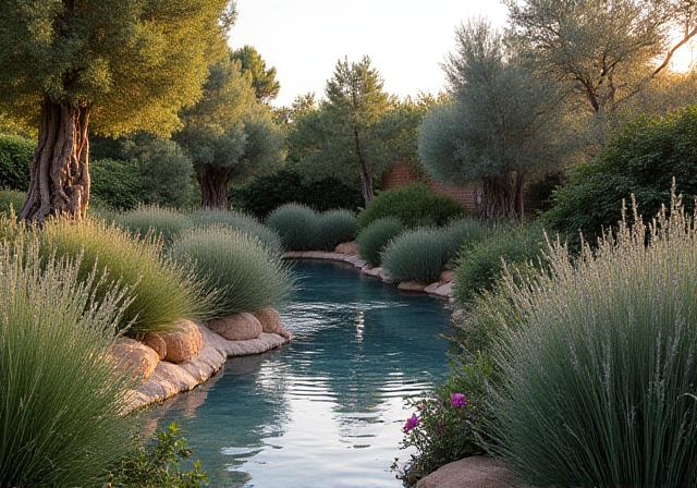 Giardino con piante mediterranee e sistemi di irrigazione sostenibile