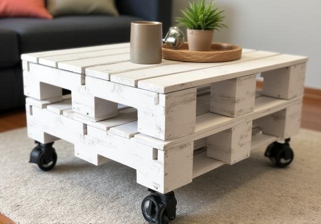 Tavolino da fumo rustico in legno pallet su un tappeto moderno
